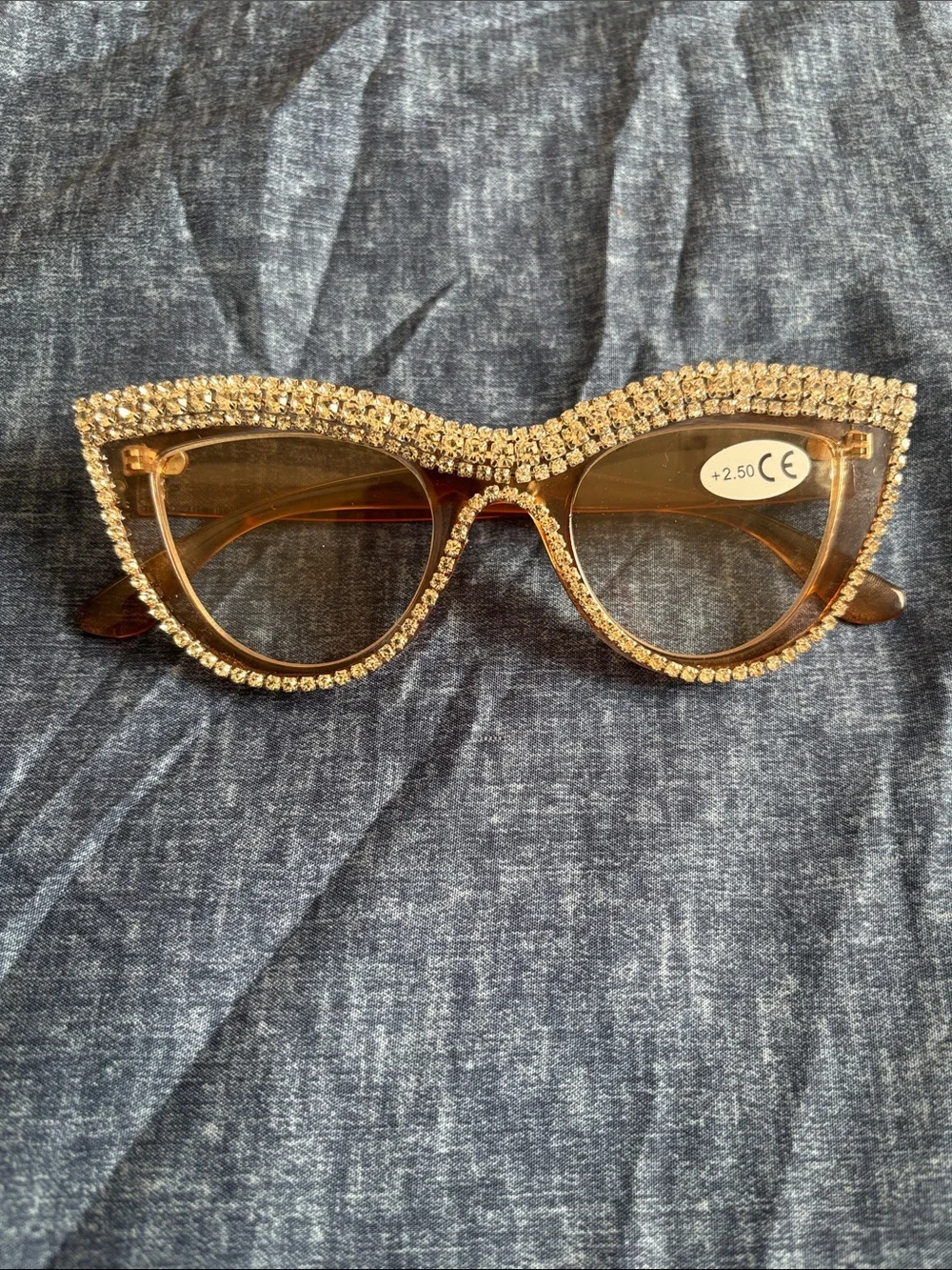 ✨ Rhinestone Cat Eye Reading Glasses +2.50 – Brown Crystal Fashion Readers